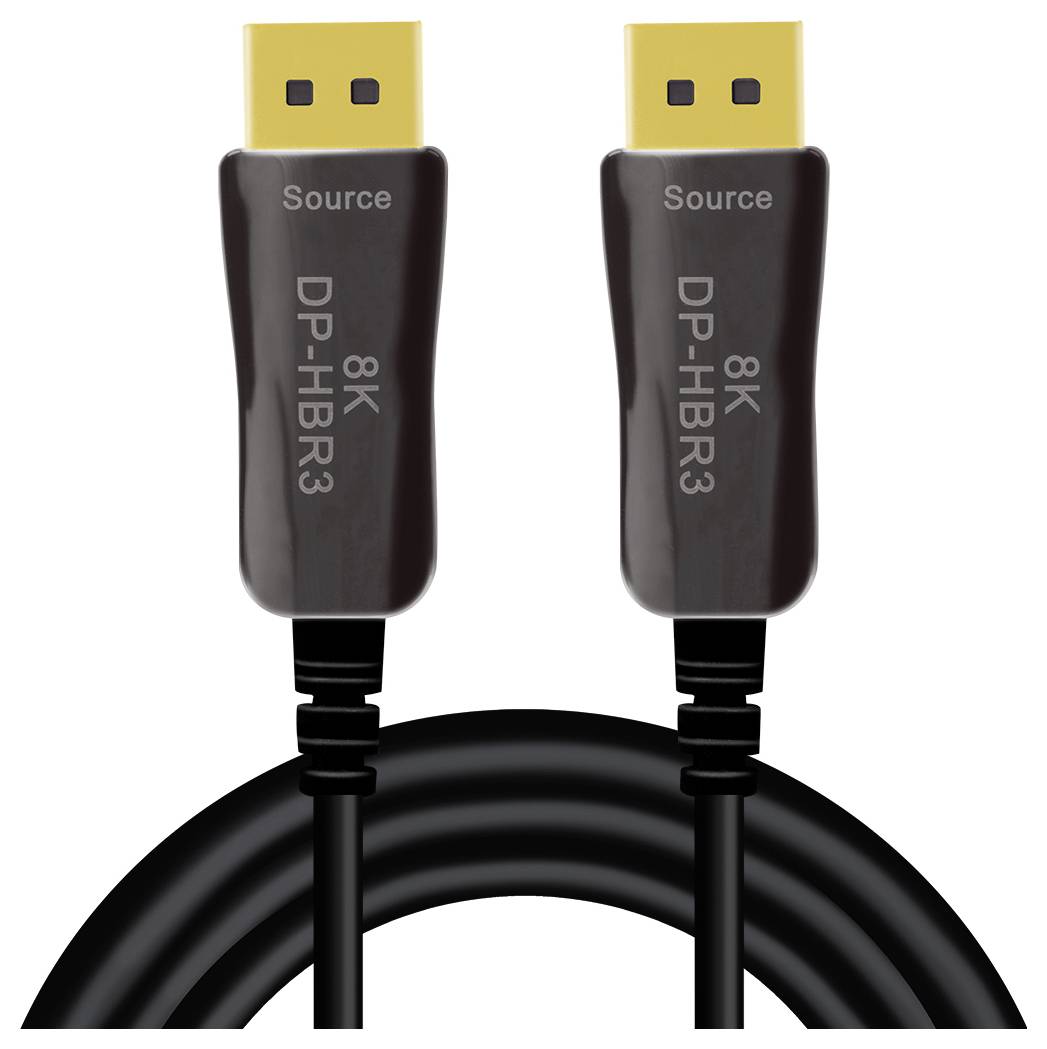 Ein Kabel mit zwei identischen Anschlüssen, die als 'Source', '8K', 'DP-HBR3' gekennzeichnet sind, geeignet für Hochleistungsdatenübertragungen.
