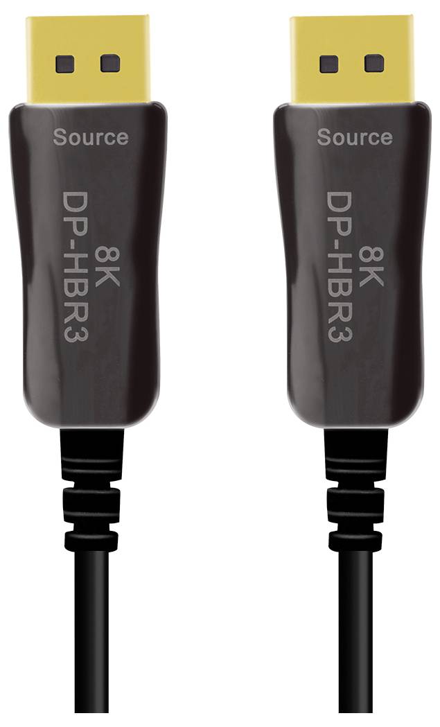 Zwei schwarze Kabel mit goldenen Anschlüssen und der Aufschrift '8K DP-HBR3 Source' für hochauflösende DisplayPort-Verbindungen.