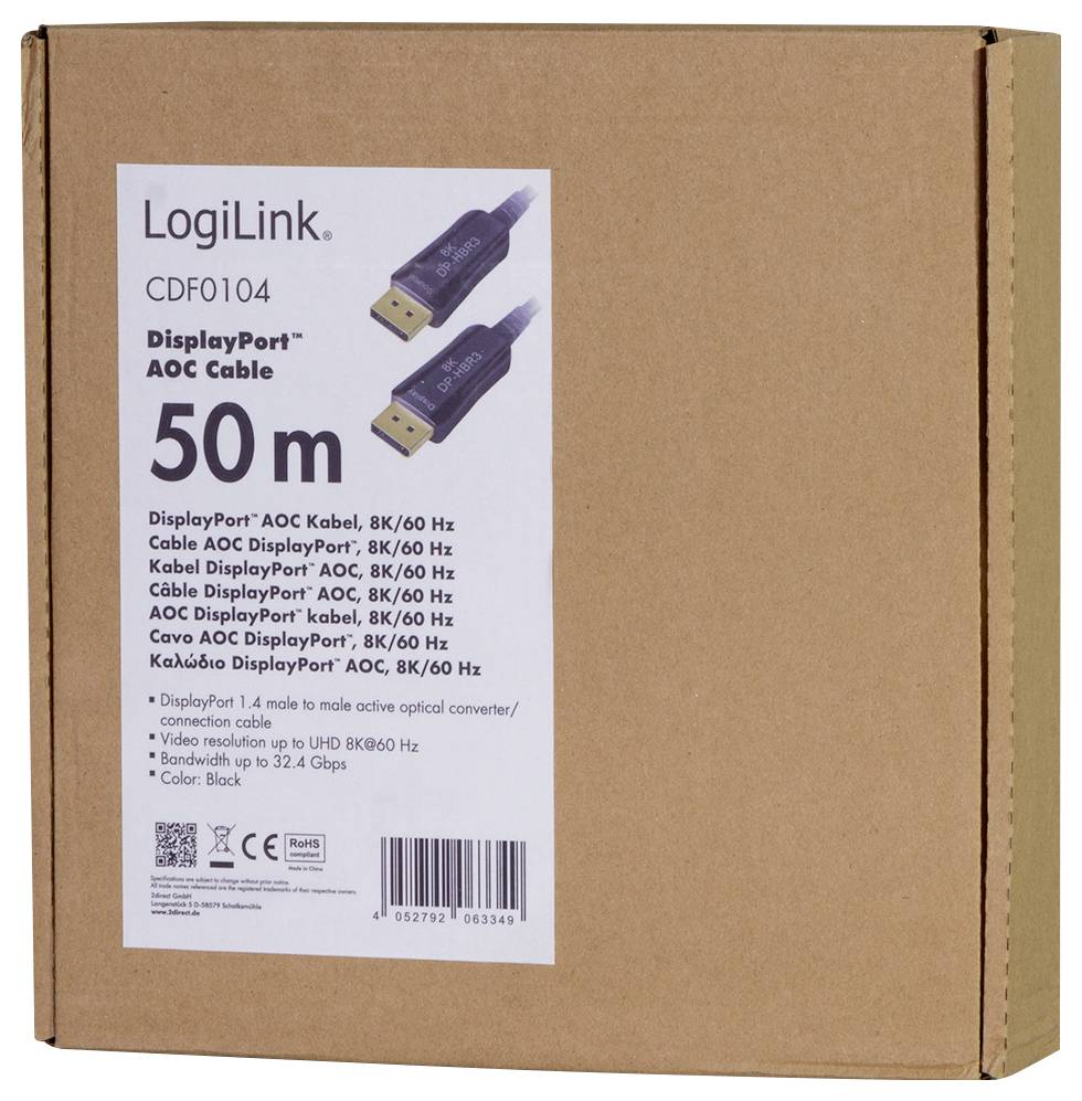 Kartonverpackung mit Etikett 'LogiLink DisplayPort AOC Kabel, 50 m, BK/60 Hz' und Bild des Kabels.  Unterstützt UHD 8K60 Hz.