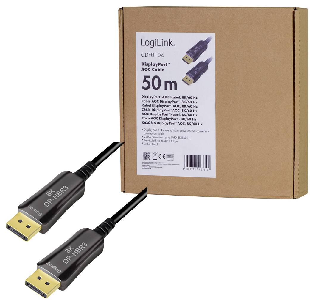 Ein braunes Paket mit der Aufschrift 'LogiLink DisplayPort AOC Kabel, 50 m'. Zwei schwarze DisplayPort-Stecker sind im Vordergrund abgebildet.
