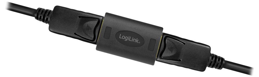 Ein schwarz-graues USB-Verlängerungskabel mit integriertem Störfilter von LogiLink. Es verbessert die Signalübertragung bei Datenübertragungen.