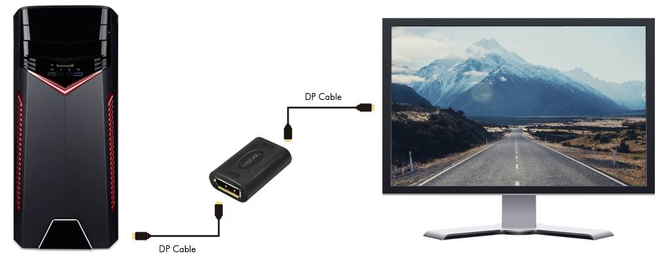 Ein Computer ist über ein DP-Kabel und einen Adapter mit einem Monitor verbunden. Auf dem Monitor ist eine Landschaft mit Bergen zu sehen.