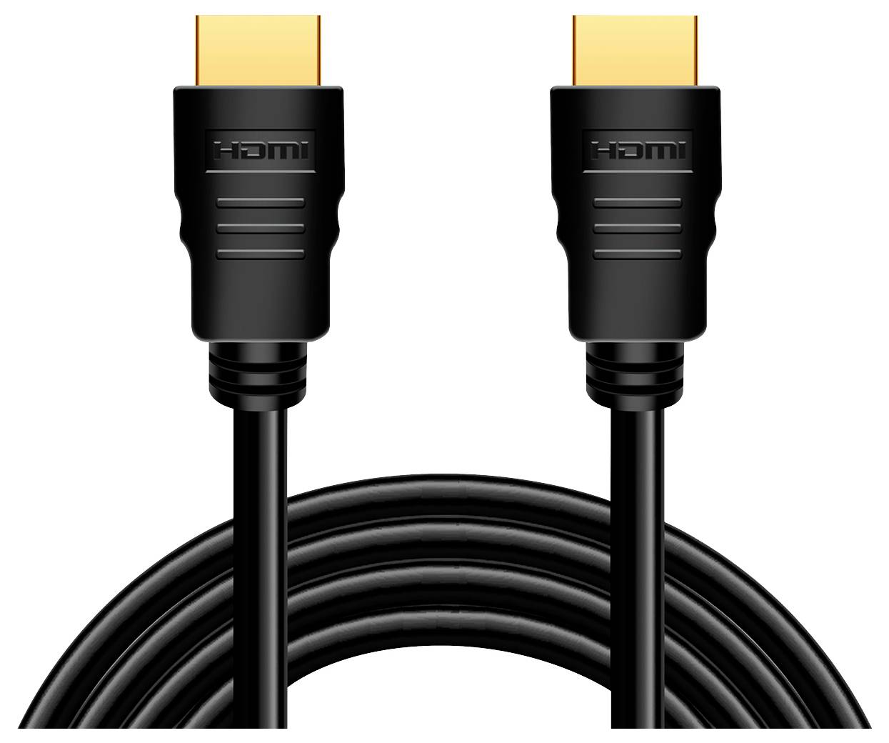 Zwei schwarze HDMI-Kabel mit goldenen Steckern, parallel nebeneinander, vor weißem Hintergrund.