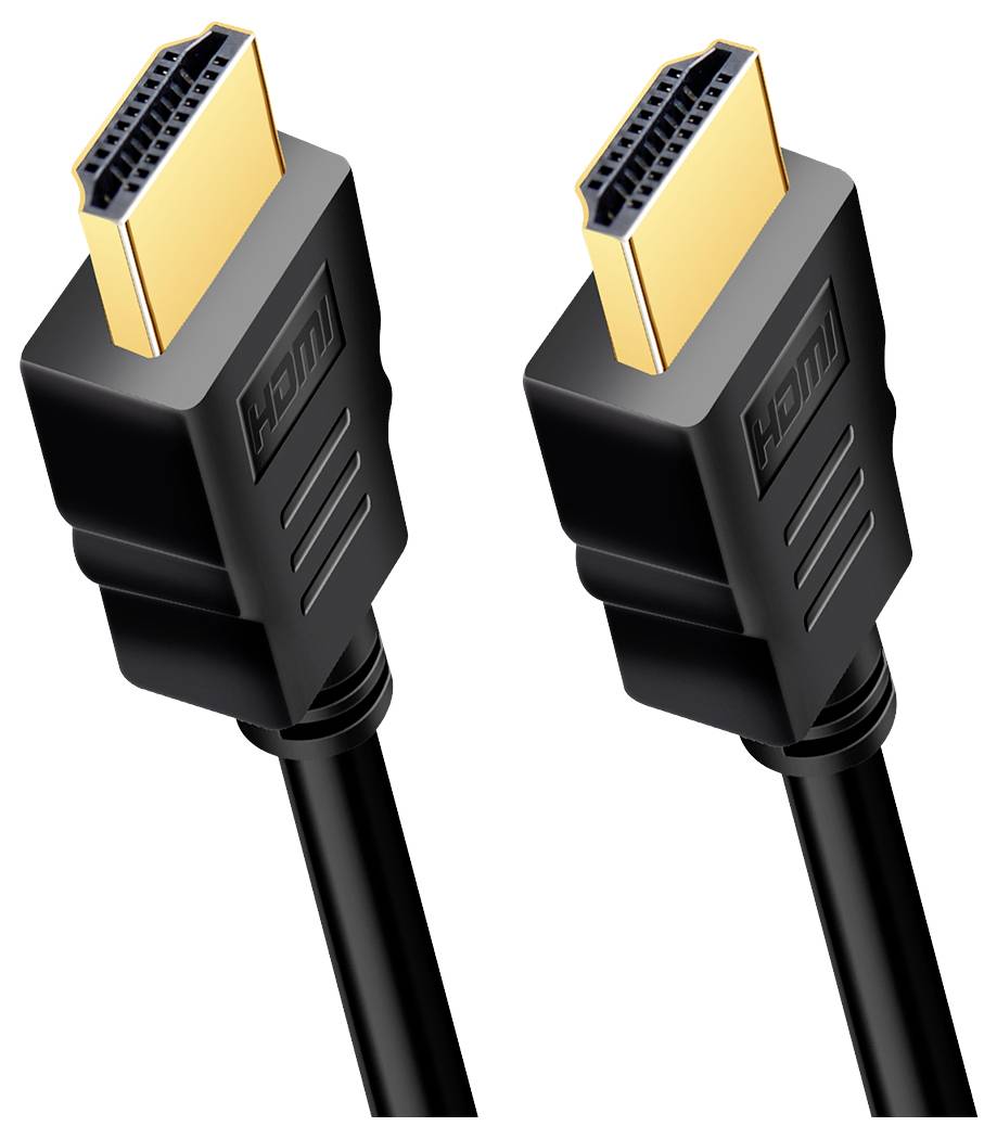 Schwarzes HDMI-Kabel mit zwei goldfarbenen Anschlüssen, geeignet für die Übertragung von Audio- und Videosignalen zwischen Geräten.