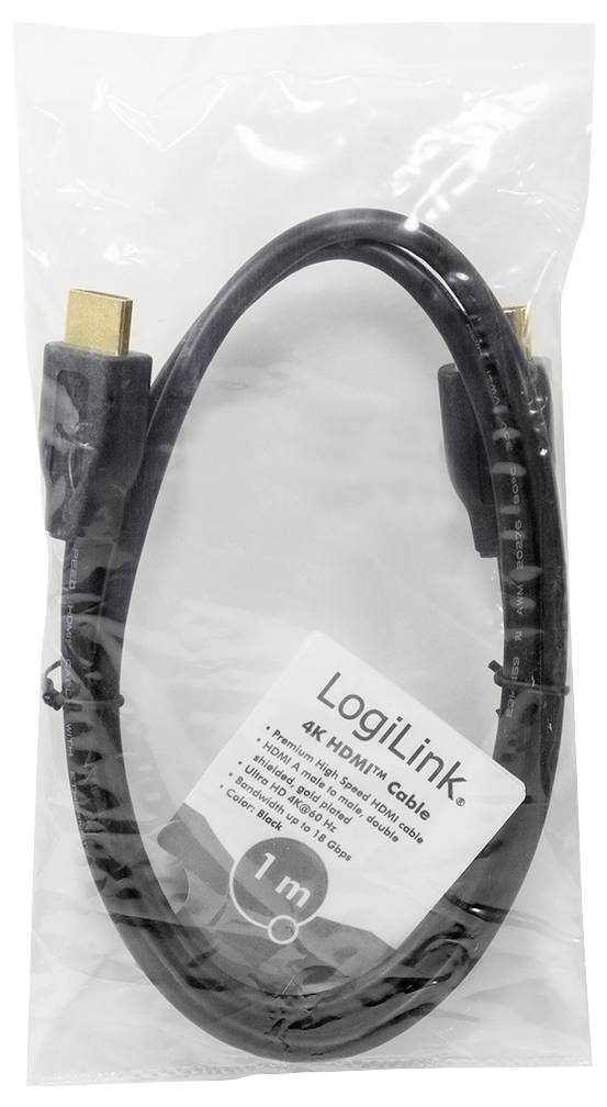 Schwarzes HDMI-Kabel von 1 m Länge in transparenter Verpackung. Etikett zeigt: 'LogiLink - 4K HDMI cable - 1 m'.