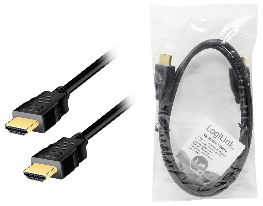 HDMI-Kabel-Set, bestehend aus zwei schwarzen Kabeln mit vergoldeten Anschlüssen. Die Verpackung zeigt die Marke und Länge (1m).