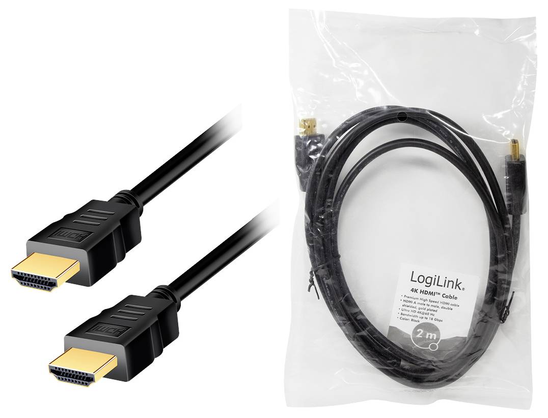 Zwei schwarze HDMI-Kabel mit goldenen Anschlüssen, eines verpackt in einer durchsichtigen Tüte mit der Aufschrift 'LogiLink 4K HDMI Cable, 2m'.
