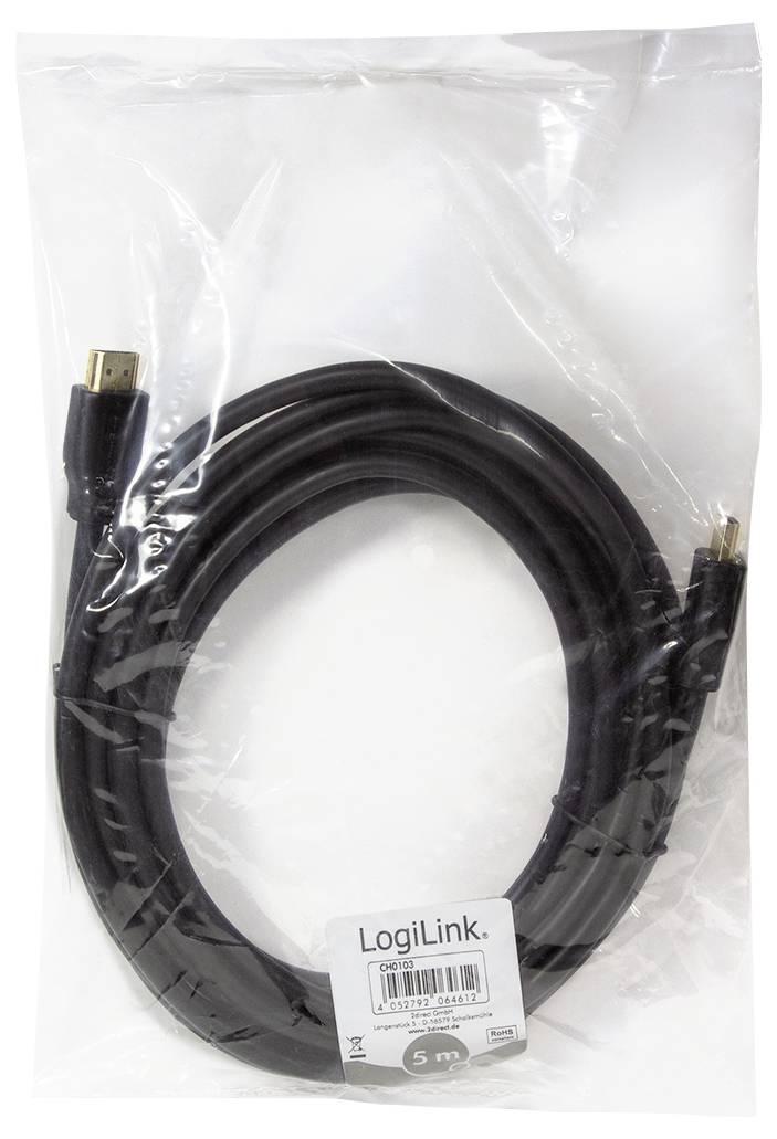 Ein 5-Meter-HDMI-Kabel von LogiLink in einer transparenten Plastikverpackung, geeignet für die Verbindung von Audio- und Videogeräten.