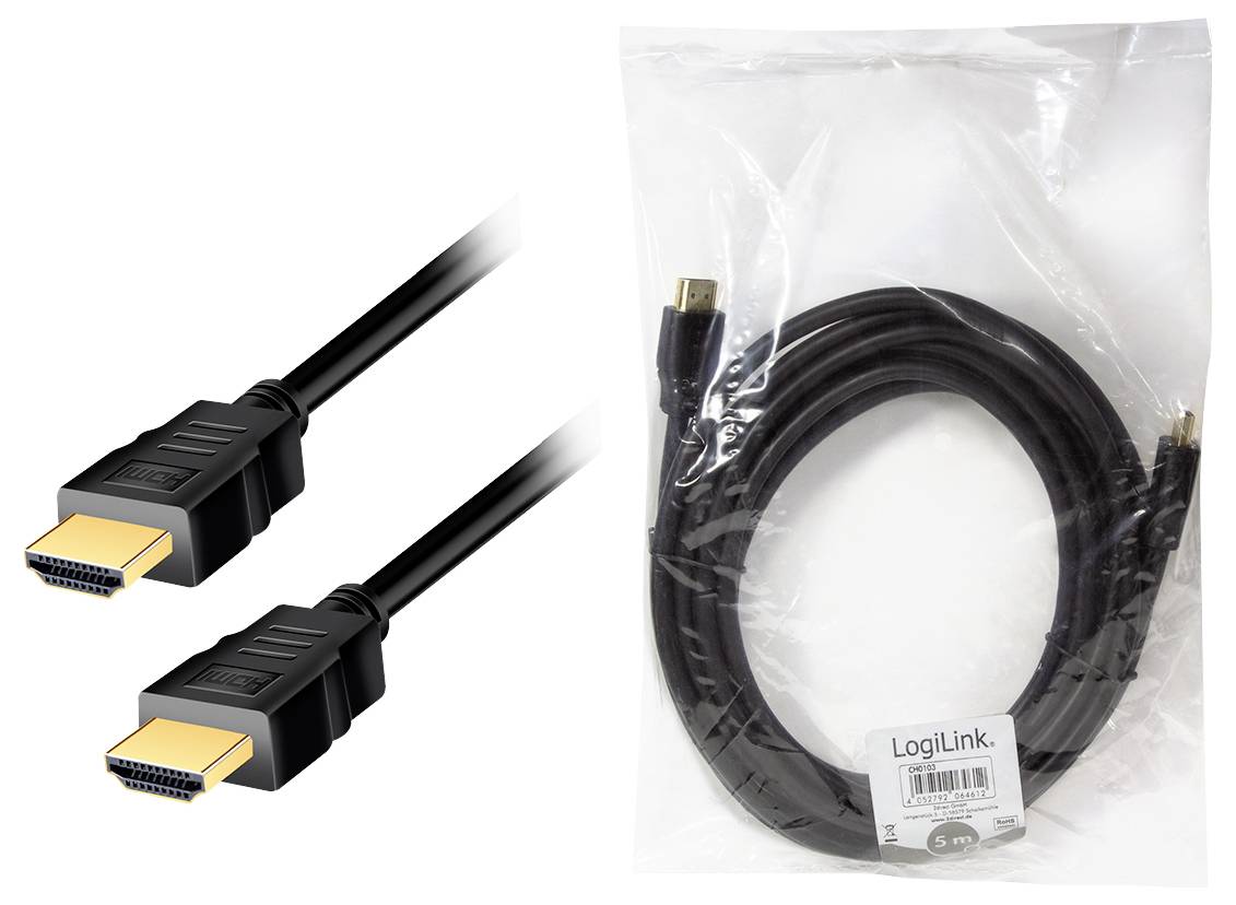 Ein HDMI-Kabel von LogiLink, 5 Meter lang, schwarz, mit beidseitigen HDMI-Steckern, verpackt in einer transparenten Kunststofffolie.