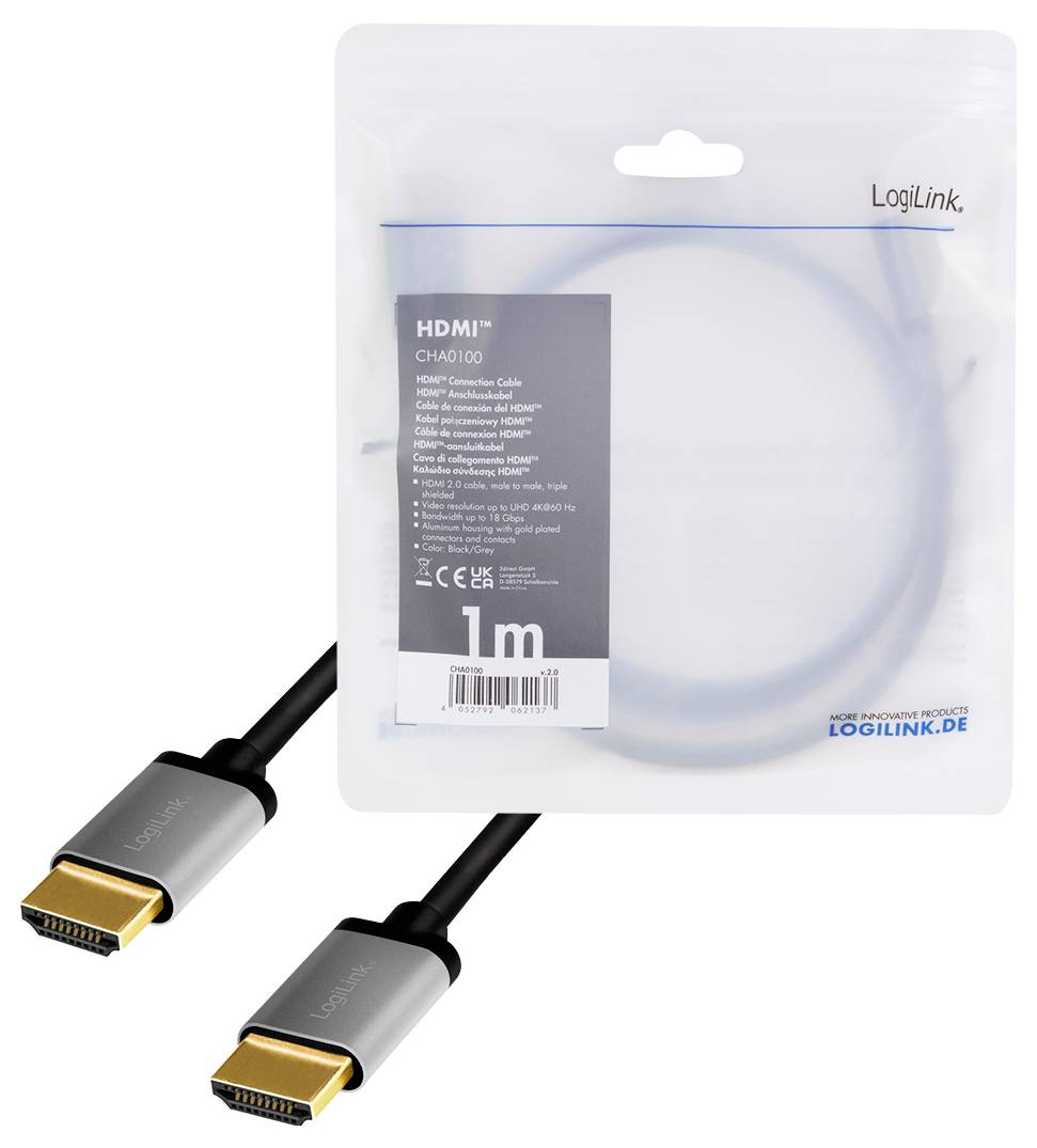 LogiLink HDMI AV Anschlusskabel [1x HDMI-Stecker - 1x HDMI-Stecker] 1m Schwarz-Grau