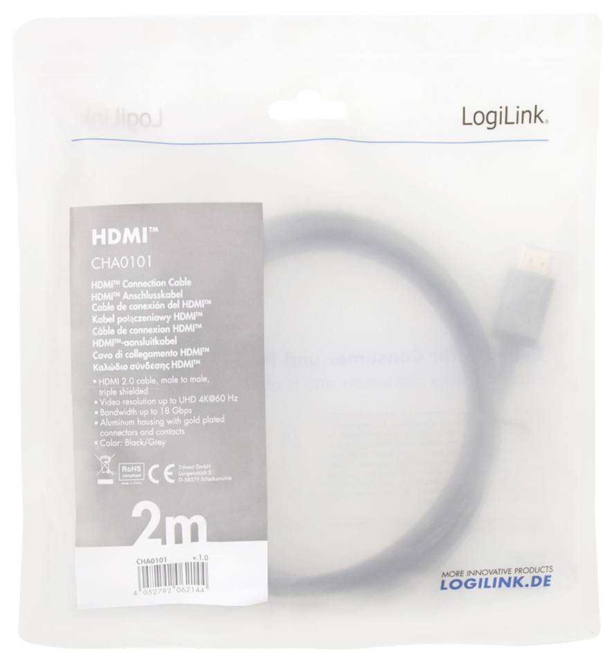 LogiLink HDMI AV Anschlusskabel [1x HDMI-Stecker - 1x HDMI-Stecker] 2m Schwarz-Grau