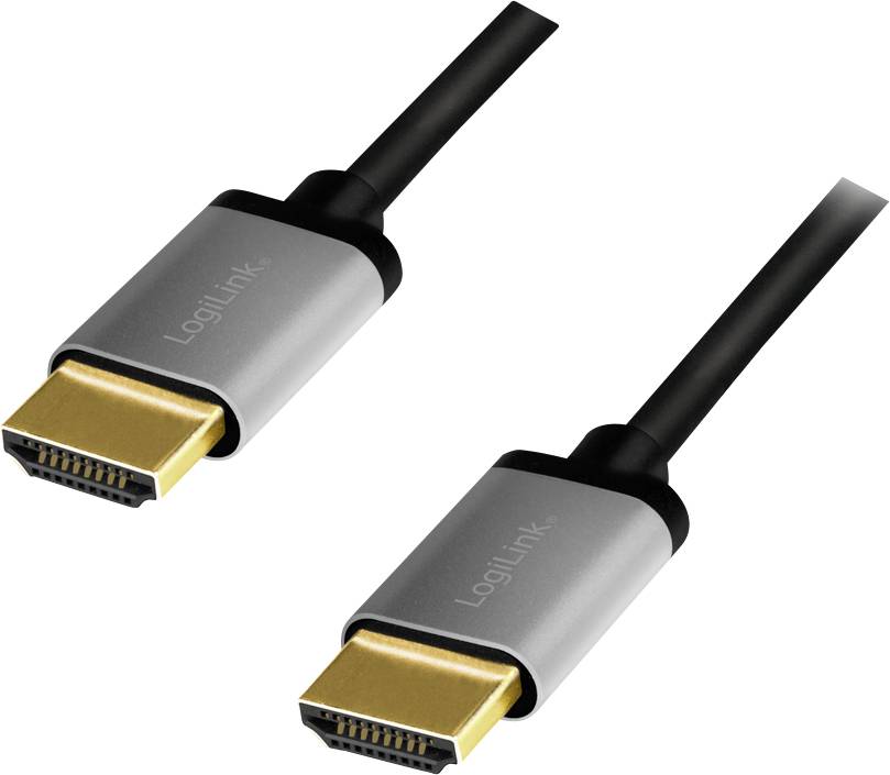 Zwei HDMI-Kabel mit goldenen Anschlüssen und schwarzem Kabel, geeignet für Audio- und Videoverbindungen, isoliert vor weißem Hintergrund.