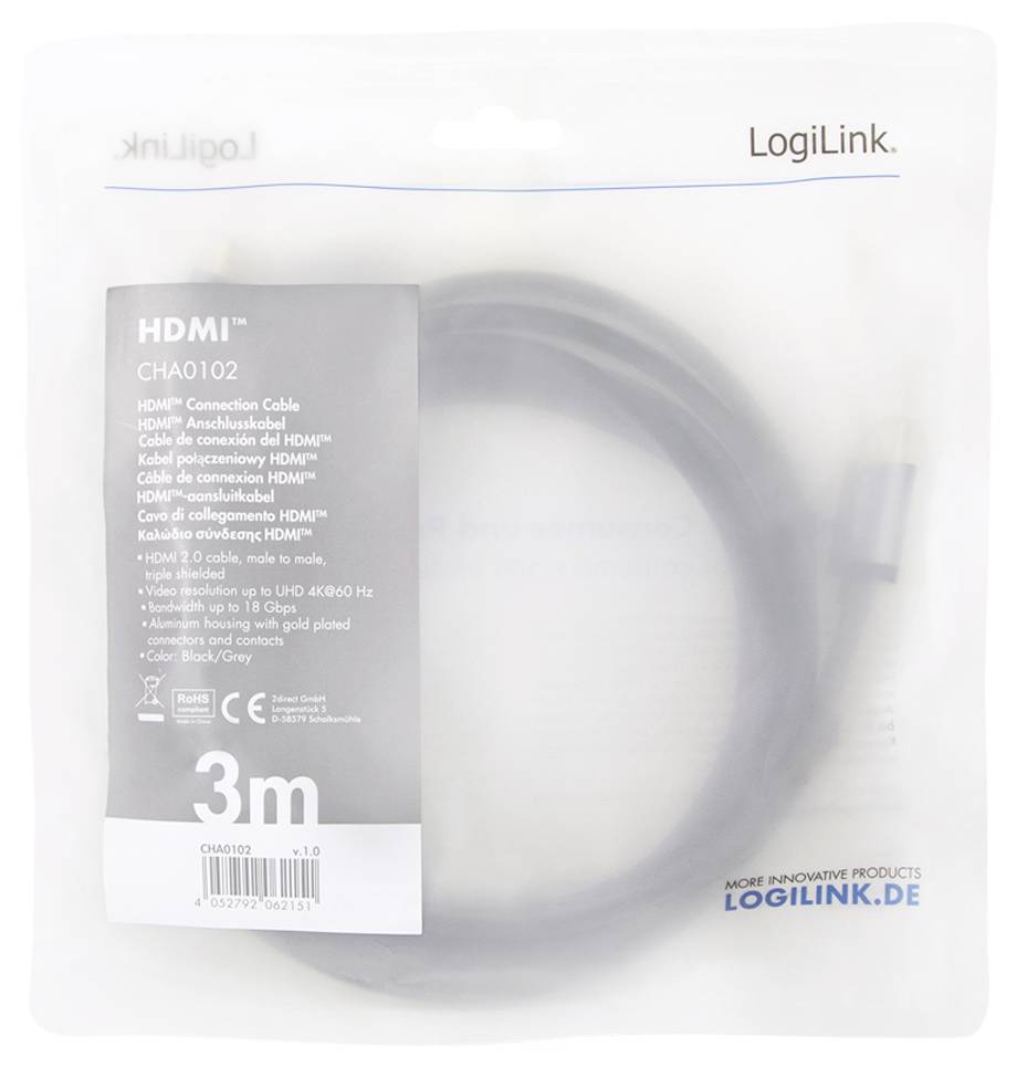 LogiLink HDMI AV Anschlusskabel [1x HDMI-Stecker - 1x HDMI-Stecker] 3m Schwarz-Grau