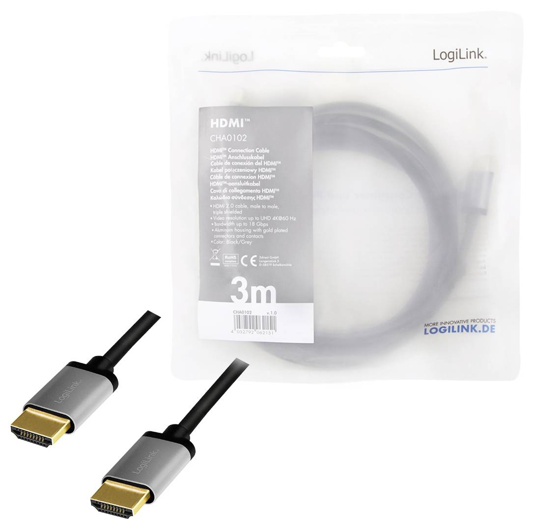 LogiLink HDMI AV Anschlusskabel [1x HDMI-Stecker - 1x HDMI-Stecker] 3m Schwarz-Grau