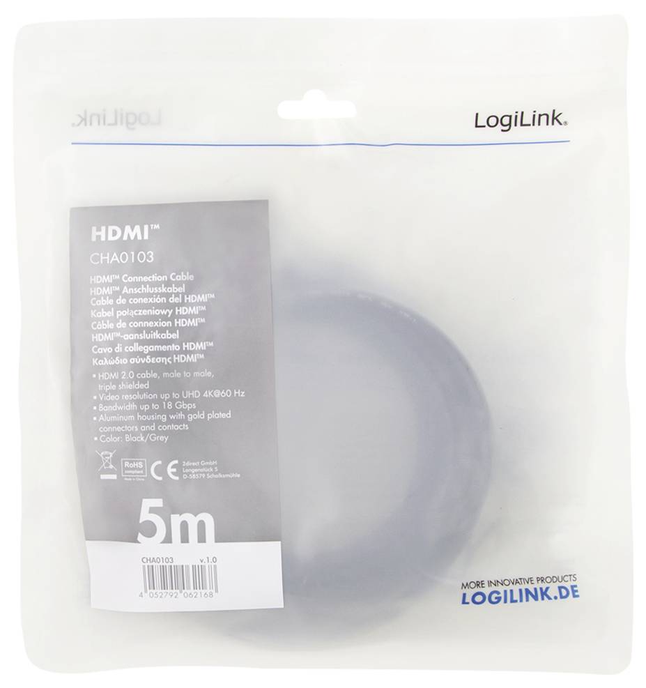 LogiLink HDMI-Kabel 5m, 4K60 Hz, grau, beidseitig HDMI-Stecker, Modell CHA0103, in Kunststoffverpackung.
