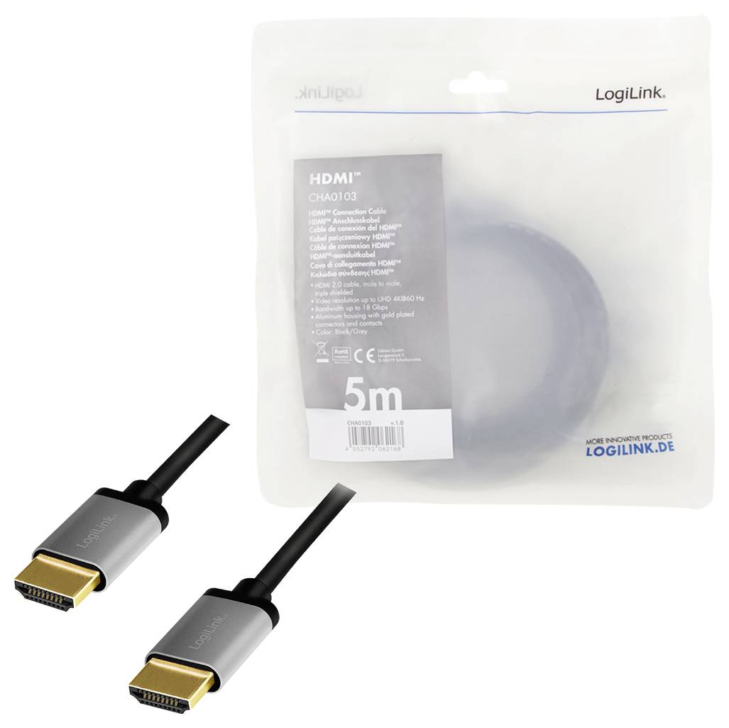 Ein HDMI-Kabel von 5 Metern Länge, im Vordergrund zwei HDMI-Stecker. Verpackung im Hintergrund mit Produktdetails und Firmenlogo.