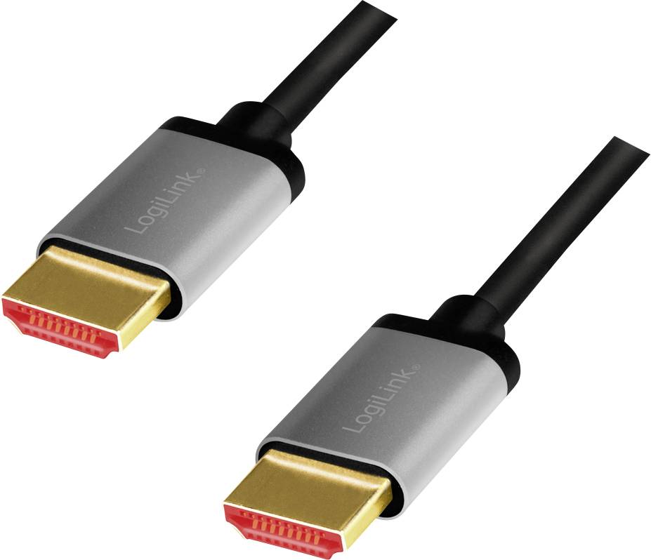 Ein schwarzes HDMI-Kabel mit goldenen Steckern und grauem Gehäuse, auf dem 'Logilink' steht. Geeignet für Audio- und Videoübertragung.