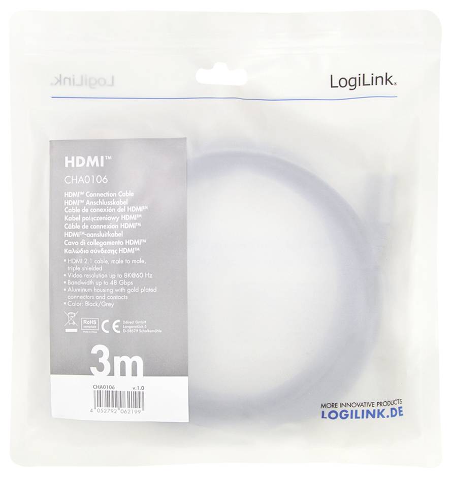 Verpackung eines HDMI-Kabels der Marke LogiLink. Beschriftung: '3m HDMI Anschlusskabel, HD1080p, kompatibel zu HDMI High-Speed Standard'.