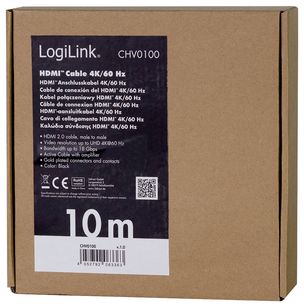 Kartonverpackung eines 10 m HDMI-Kabels mit 4K/60 Hz von LogiLink. Details wie 'HDMI 2.0', und 'Bandwidth up to 18 Gbps' sind angegeben.