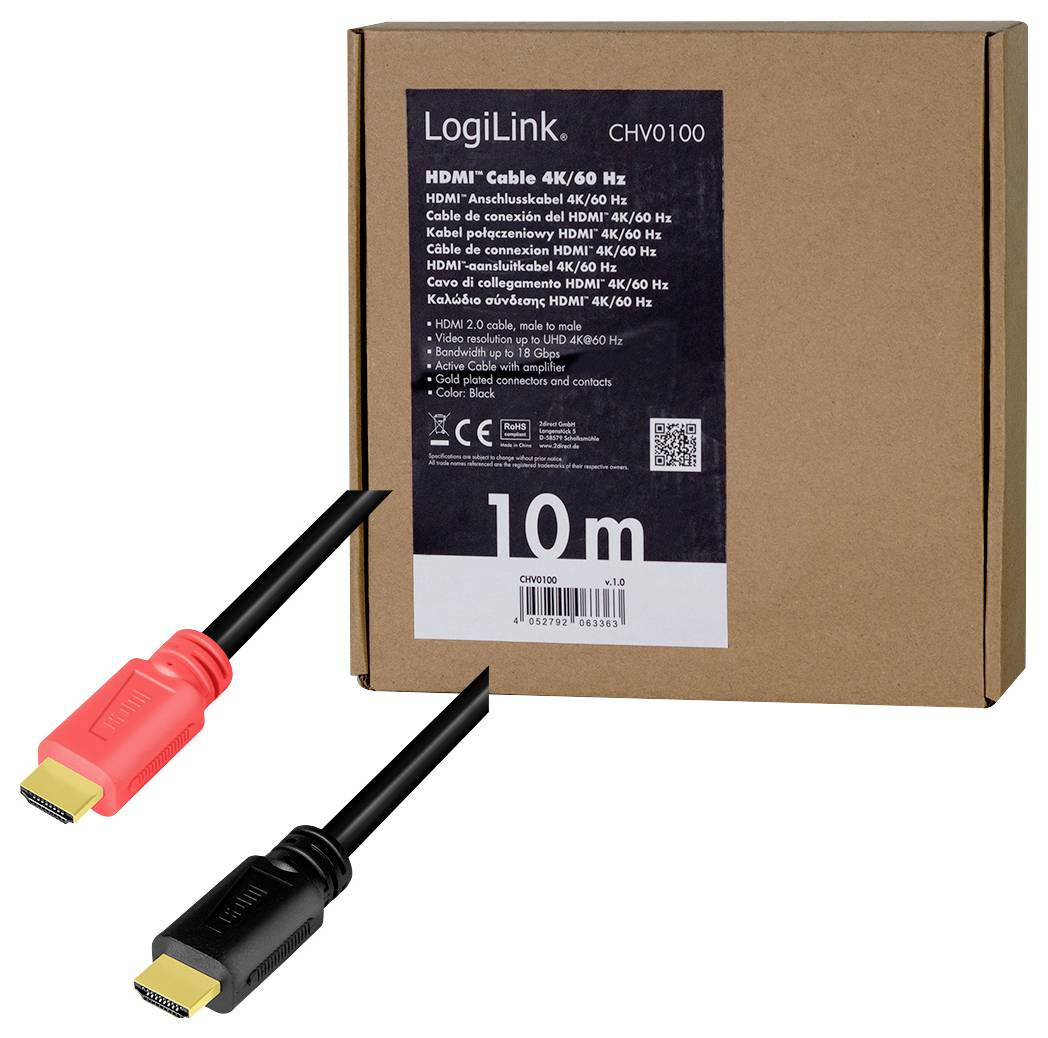 Kartonverpackung mit der Aufschrift 'LogiLink HDMI Kabel 10m'. Zwei HDMI-Kabel sichtbar, eines mit rotem, das andere mit schwarzem Stecker.