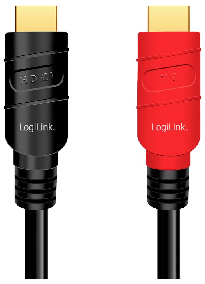 Zwei HDMI-Kabel: eines in Schwarz mit der Aufschrift 'HDMI', das andere in Rot mit der Aufschrift 'TV'. Beide sind mit LogiLink beschriftet.