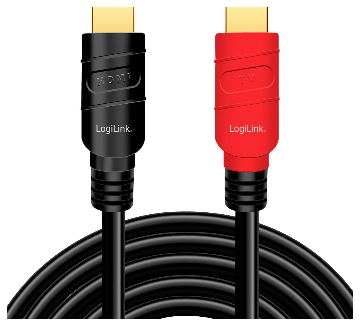 Zwei HDMI-Kabel: eins schwarz mit der Aufschrift HDMI, das andere rot mit TV-Aufschrift. Beide von LogiLink. Kabelrollen darunter.