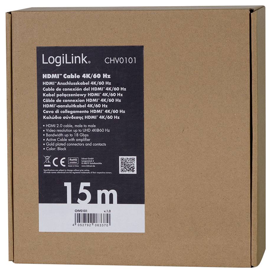 Kartonverpackung von LogiLink HDMI-Kabel 4K/60 Hz, 15 Meter. Enthält Informationen zur Produktspezifikation in mehreren Sprachen.
