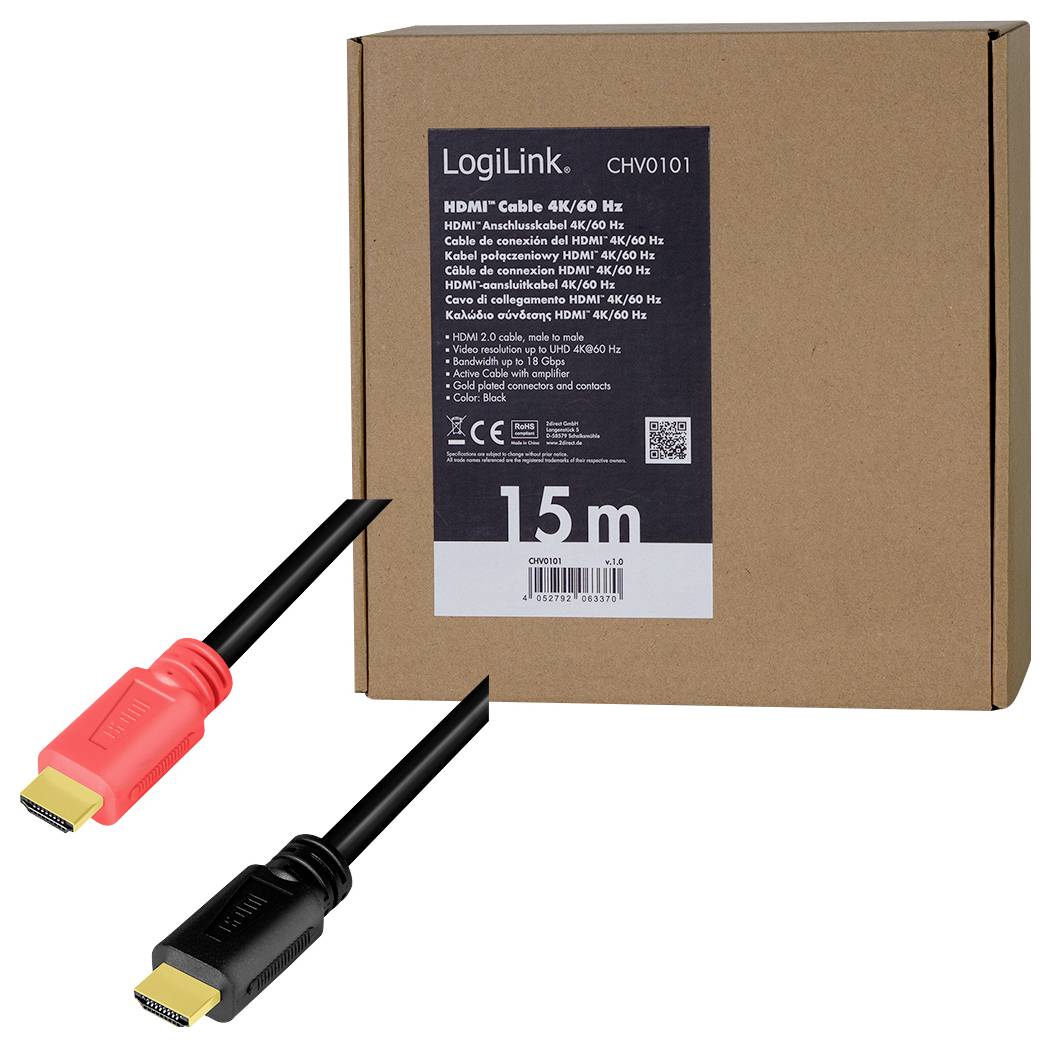 Ein 15 Meter HDMI-Kabel von LogiLink, Modell CHV0101, geeignet für 4K/60 Hz Übertragung. Verpackt in einem braunen Karton.