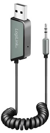 'USB auf AUX Adapter' mit gewundenem Kabel. Geeignet für Audioverbindungen zwischen Geräten mit USB- und 3,5-mm-Klinkenanschlüssen.