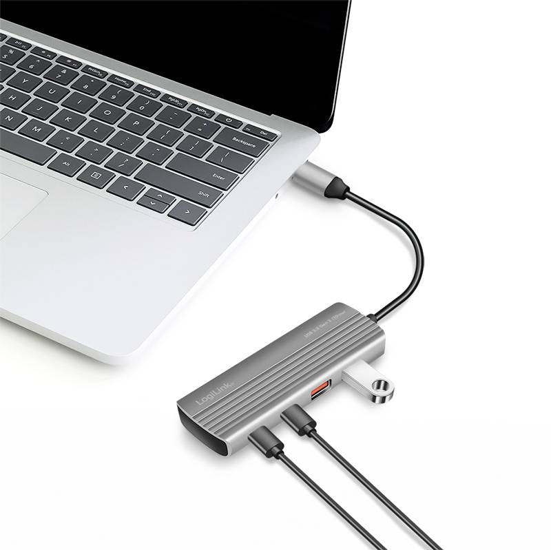 LogiLink UA0413 4 Port USB 3.2 Gen 2-Hub mit Aluminiumgehäuse, mit Schnellladeport Spacegrau