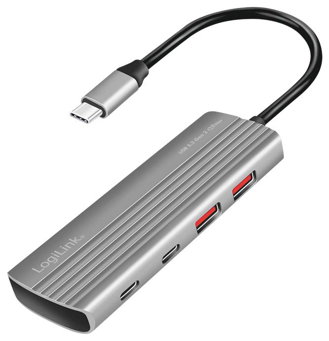 LogiLink UA0413 4 Port USB 3.2 Gen 2-Hub mit Aluminiumgehäuse, mit Schnellladeport Spacegrau