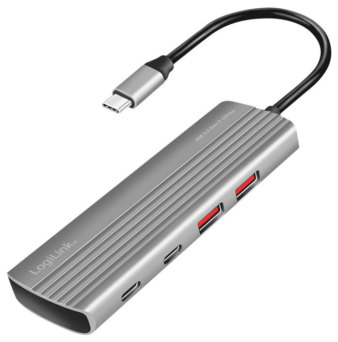 Metallischer USB-C-Hub mit mehreren Anschlüssen, darunter USB-C, USB-A und HDMI. Eignet sich zur Erweiterung von Geräten.