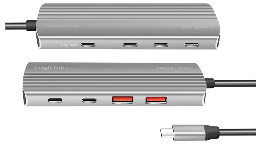 Ein silberner USB-C-Hub mit mehreren Anschlüssen, darunter USB-C- und USB-A-Ports. Wird hauptsächlich für Datenübertragung genutzt.
