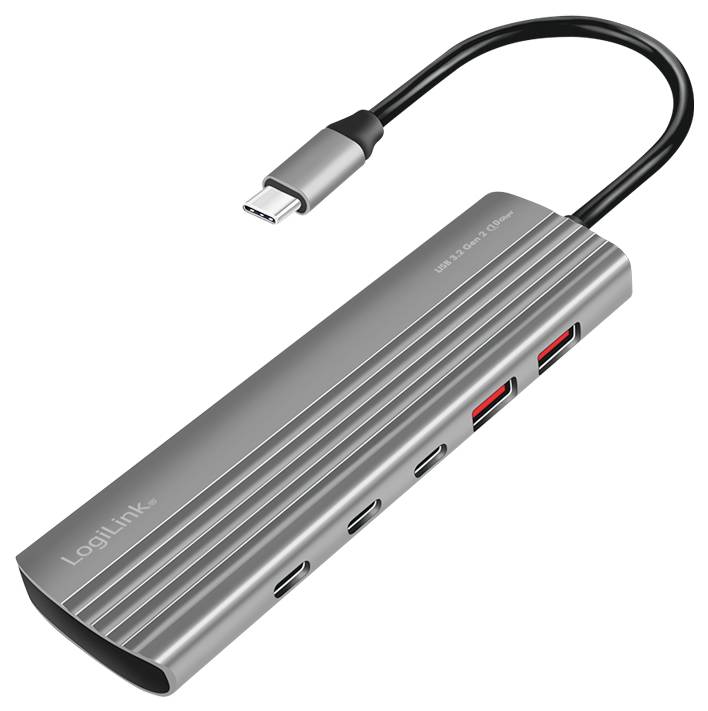 Ein silberner USB-C-Hub der Marke LogiLink mit verschiedenen Anschlüssen: drei USB-C-Ports, zwei USB-A-Ports, und ein HDMI-Port.