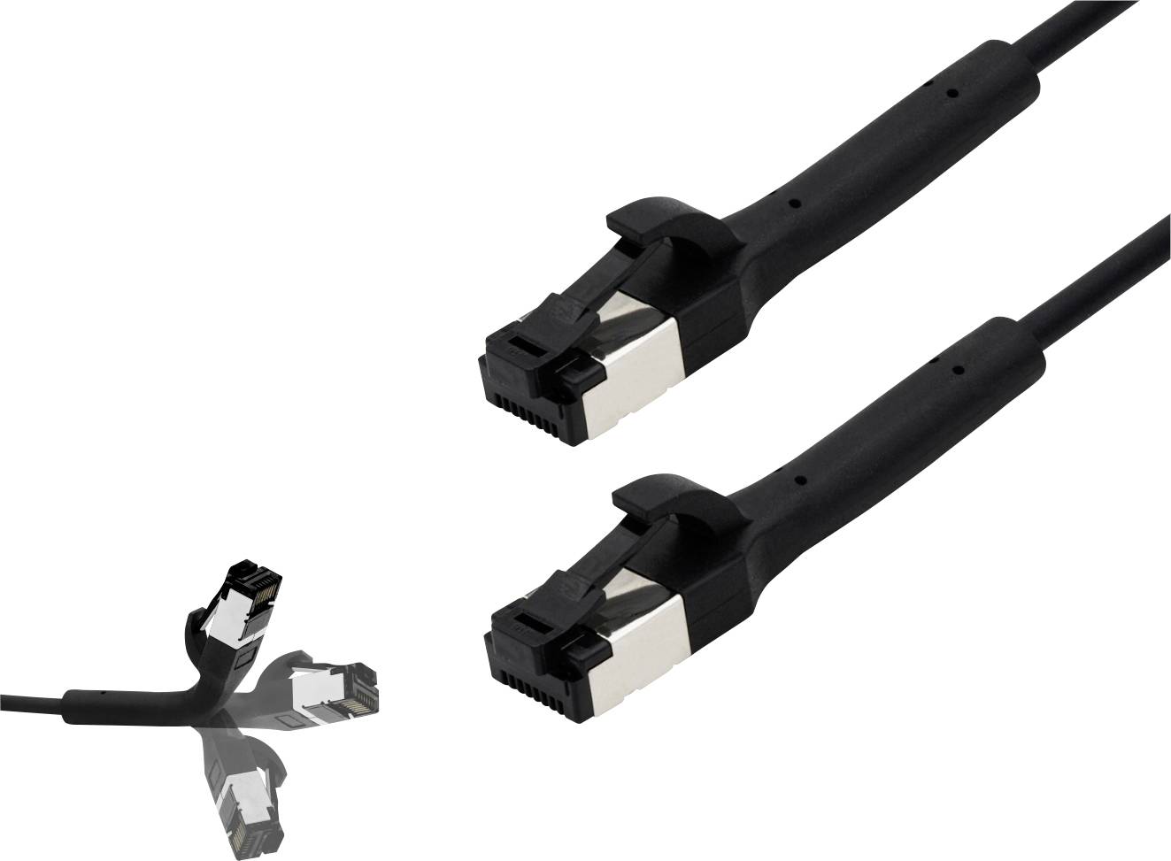 Zwei schwarze LAN-Kabel mit RJ45-Steckern nebeneinander. Ein weiteres Kabel links zeigt die Stecker in mehreren Richtungen.