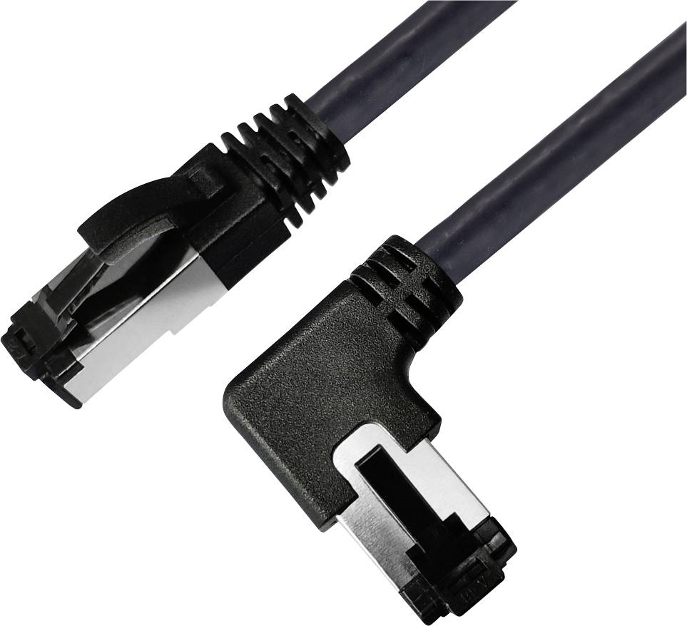 Zwei schwarze Netzwerkkabel mit abgewinkelten RJ45-Steckern, die Datenverbindungen ermöglichen.