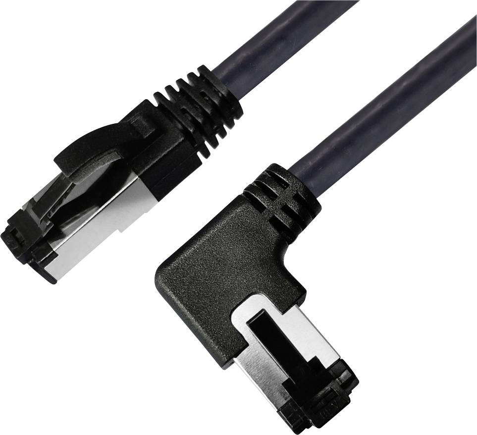 Ein schwarzes Ethernet-Kabel mit zwei RJ45-Steckern, einer normal und einer im 90-Grad-Winkel, dient zur Netzwerkverbindung.