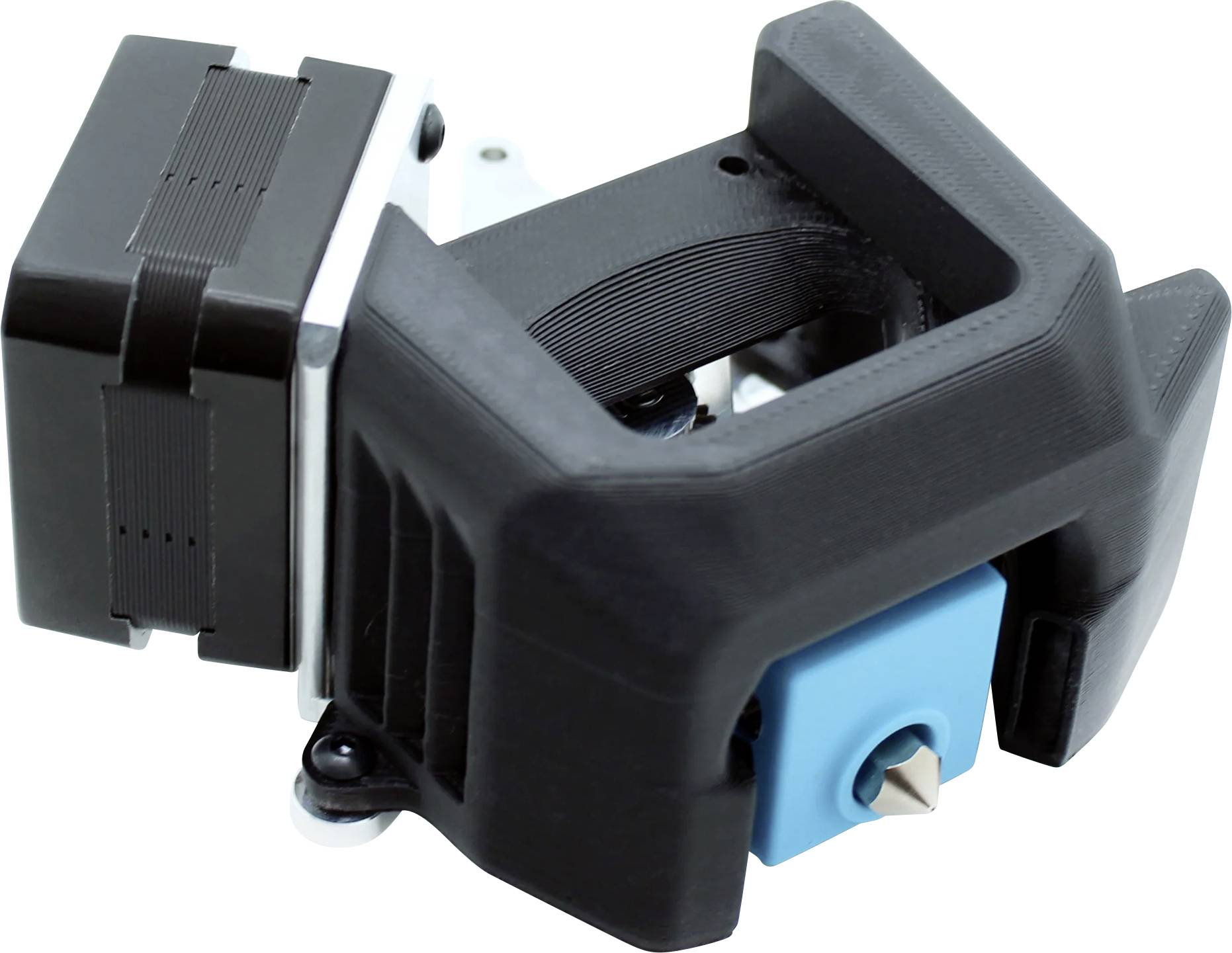 Schwarze 3D-gedruckte verstellbare Halterung oder Klammer mit einer blauen Verriegelungsschraube und angebrachter schwarzer motorähnlicher Komponente auf weißem Hintergrund.