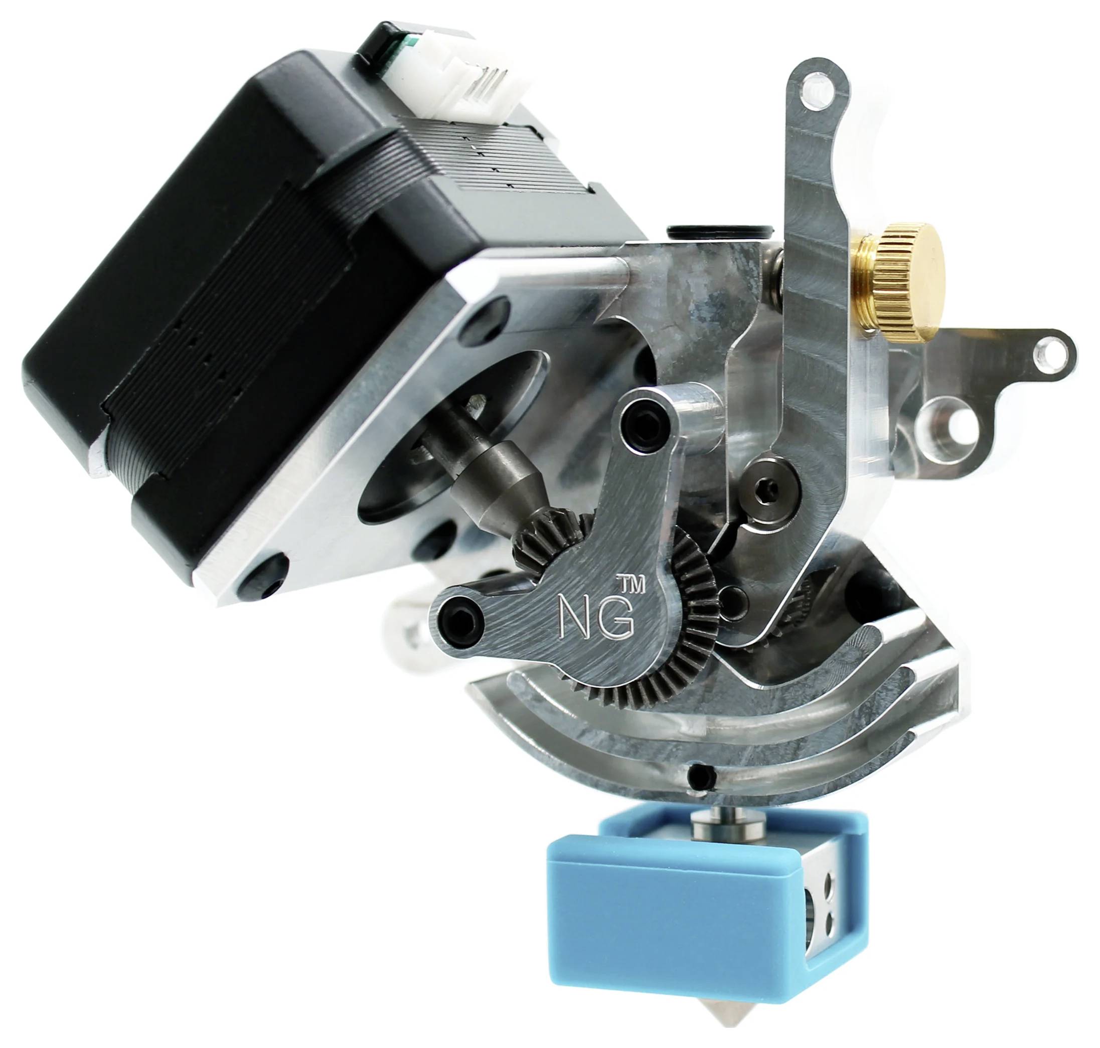 3D-Drucker-Extruderabmontage mit Schrittmotor, Zahnrädern und Düse auf weißem Hintergrund.