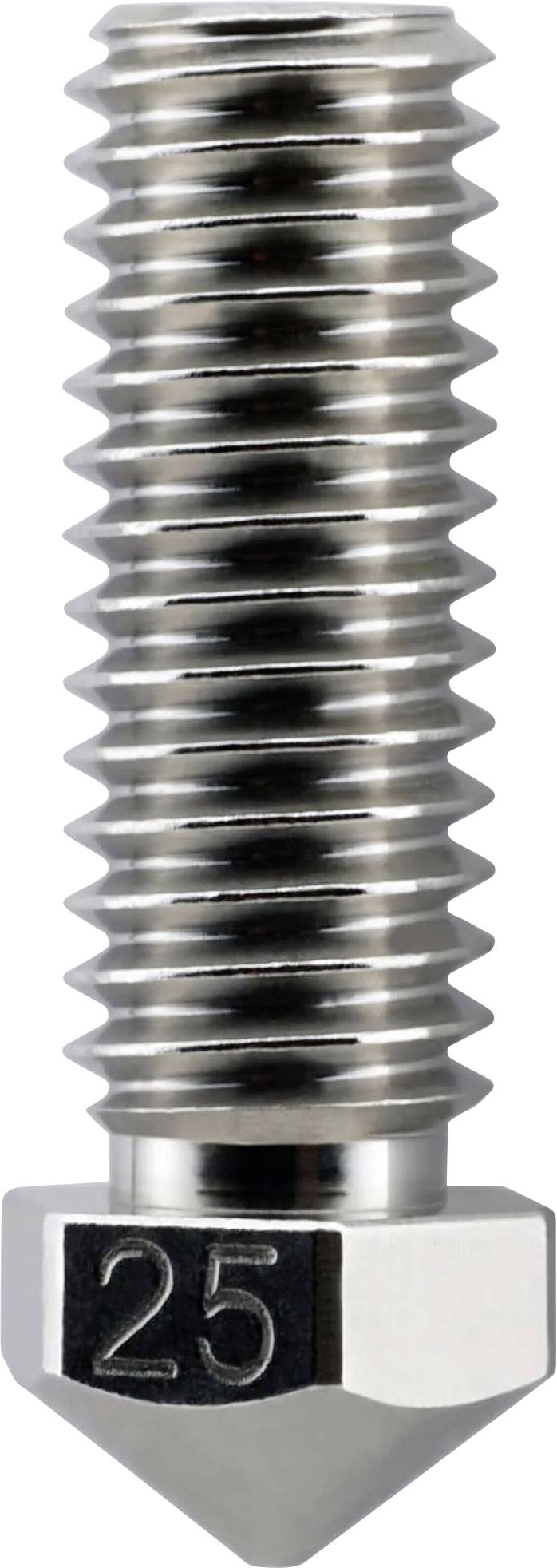 Nahaufnahme einer Metallschraube mit sechskantiger Basis, mit der Markierung „25