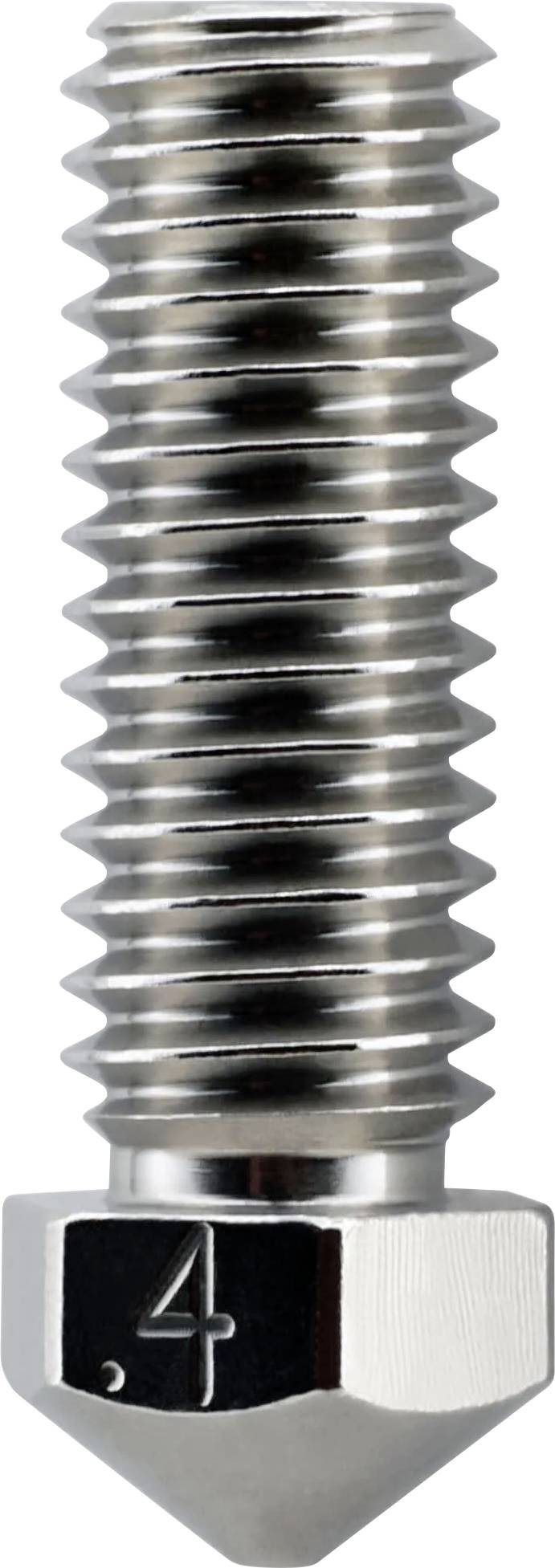 Nahaufnahme eines glänzenden Metallgewindeschraubenbolzens mit spitzer Spitze und sechskantigem Kopf, gekennzeichnet mit der Nummer '4'.