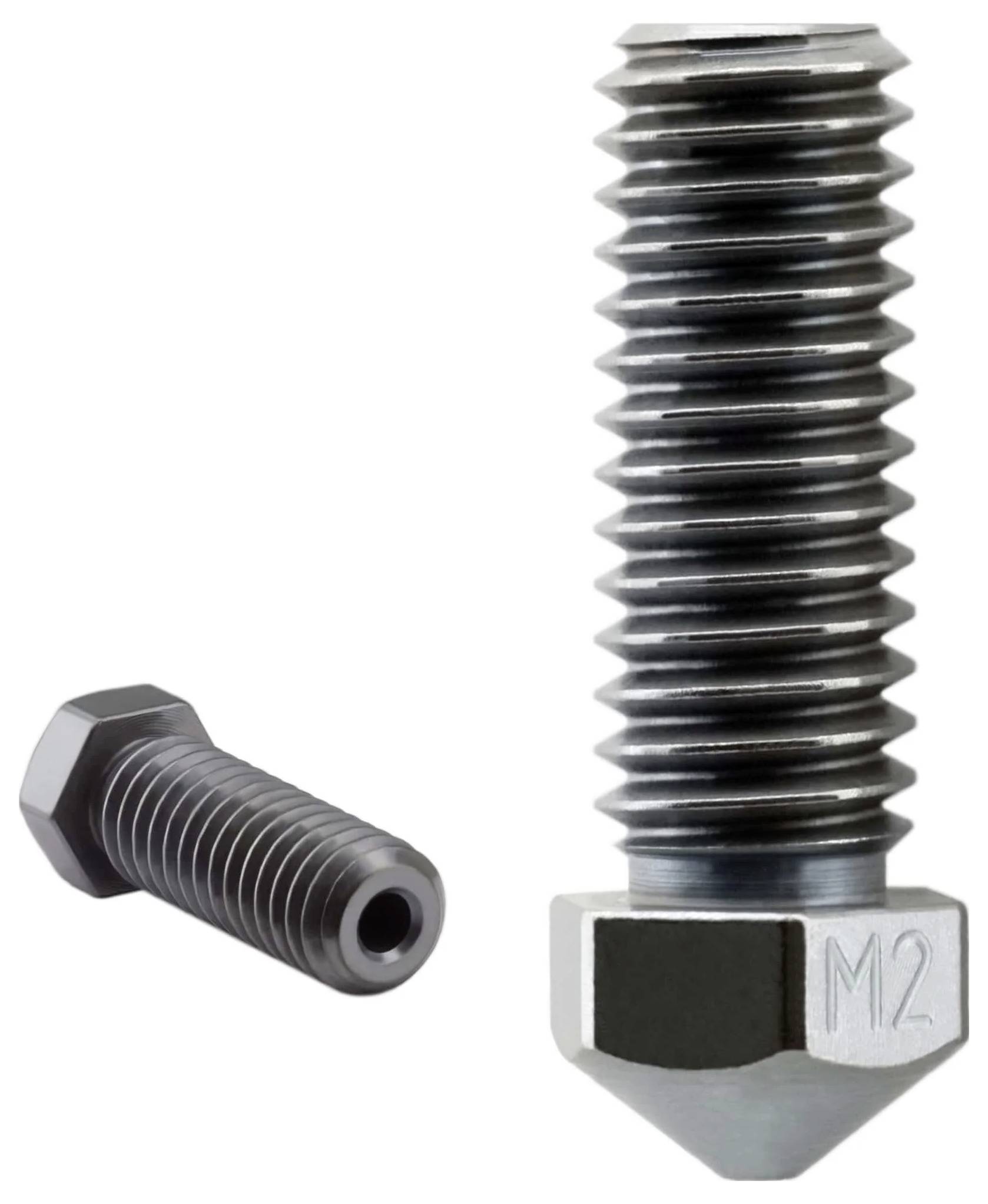 Zwei schwarze Gewindemetallschrauben auf weißem Hintergrund abgebildet, eine aufrecht stehend und eine horizontal liegend, mit sichtbarem M2-Sechskopf.
