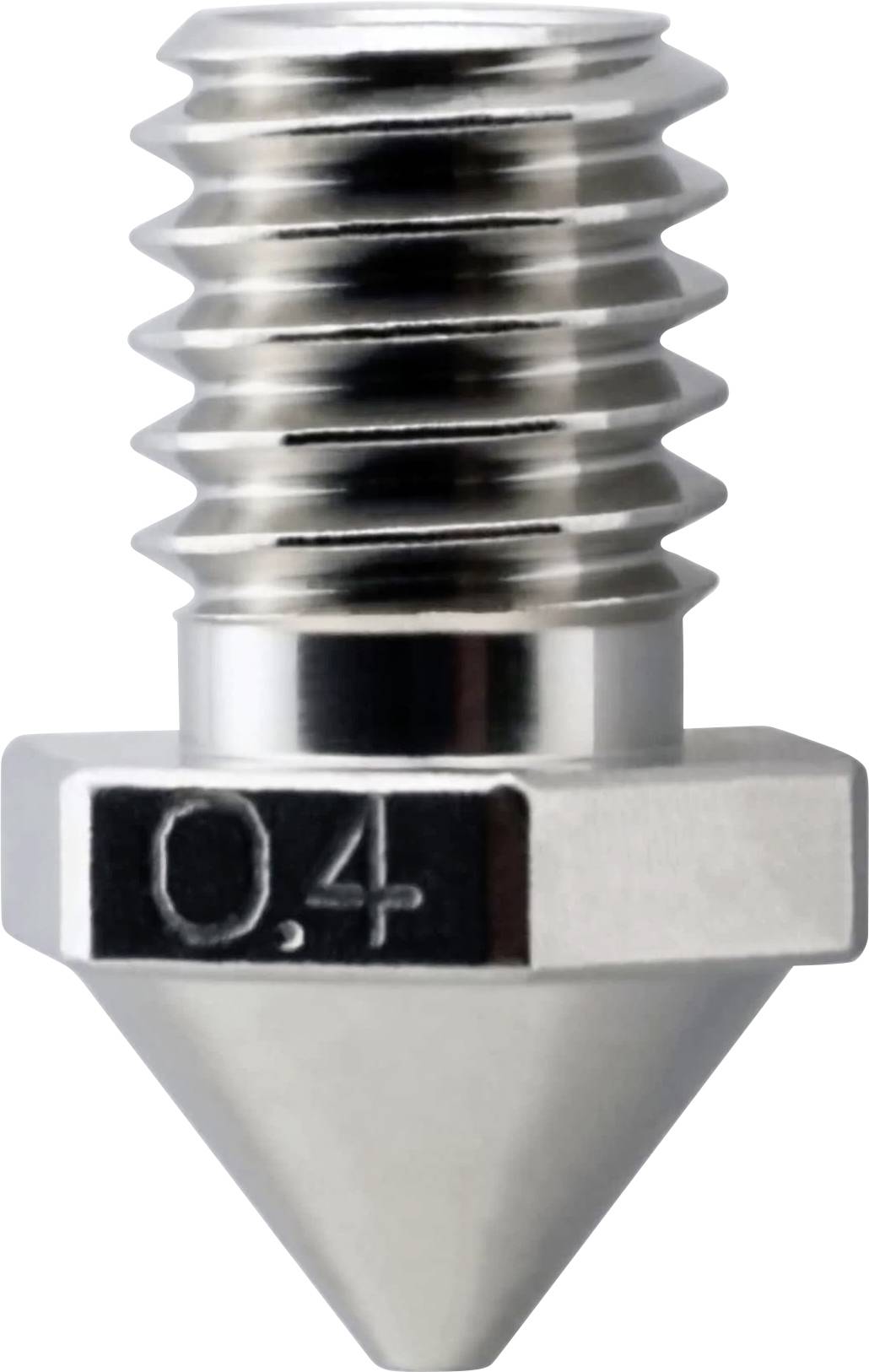 Metall-Druckdüse 0,4 mm für 3D-Drucker mit Gewinde oben, Sechskantbasis und spitzer Spitze auf weißem Hintergrund.
