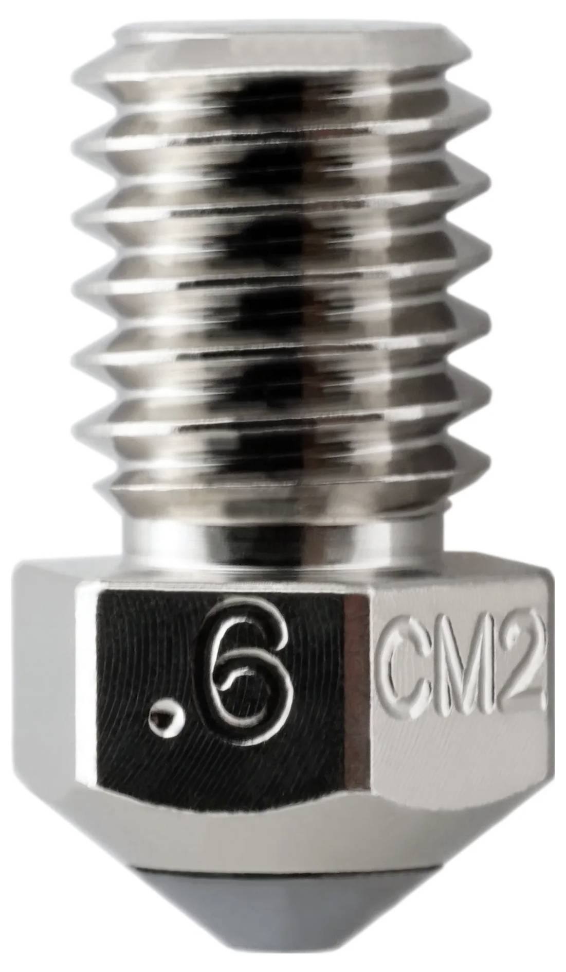 Nahaufnahme einer Metalldruckdüse eines 3D-Druckers mit Gewinde oben, eingraviert mit '6' und 'CM2' auf der sechseckigen Basis.