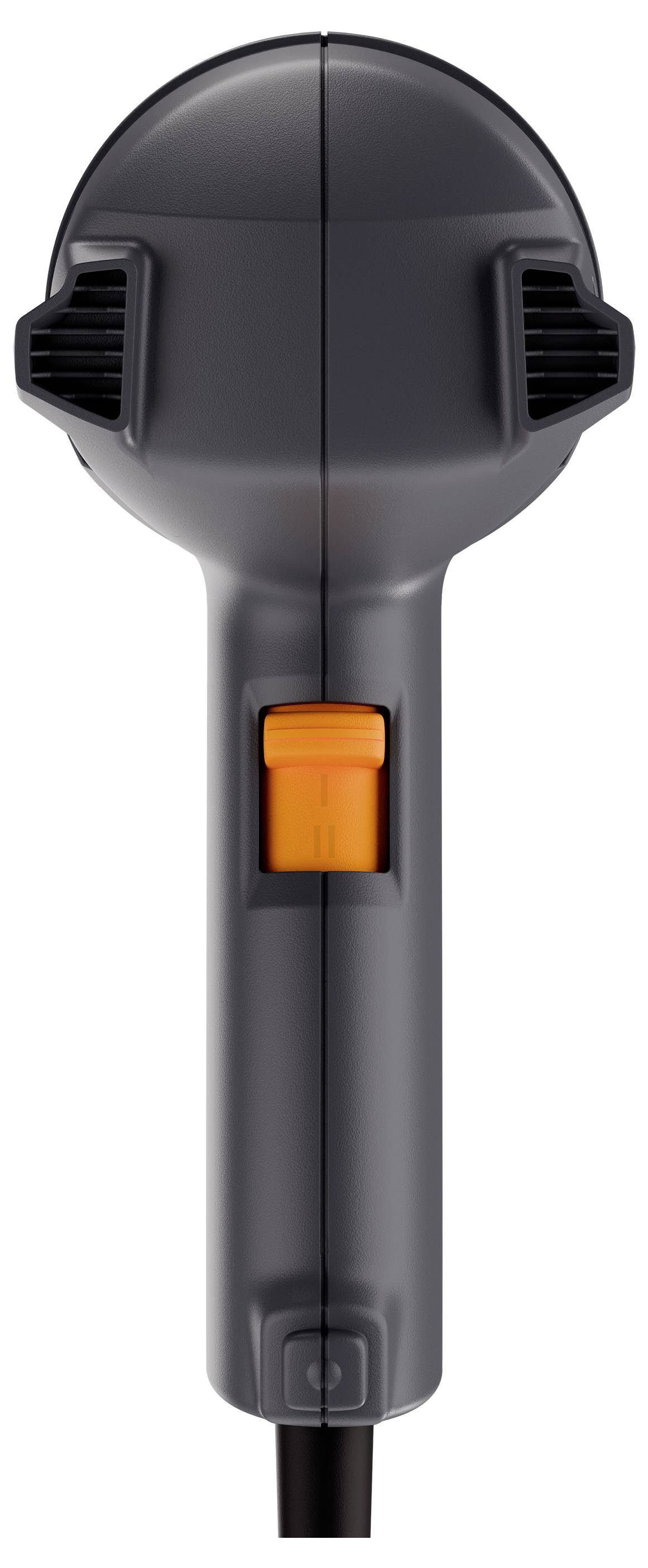 Ein schwarzer Haartrockner mit einem orangefarbenen Schalter in der Mitte des Griffs, frontal abgebildet.