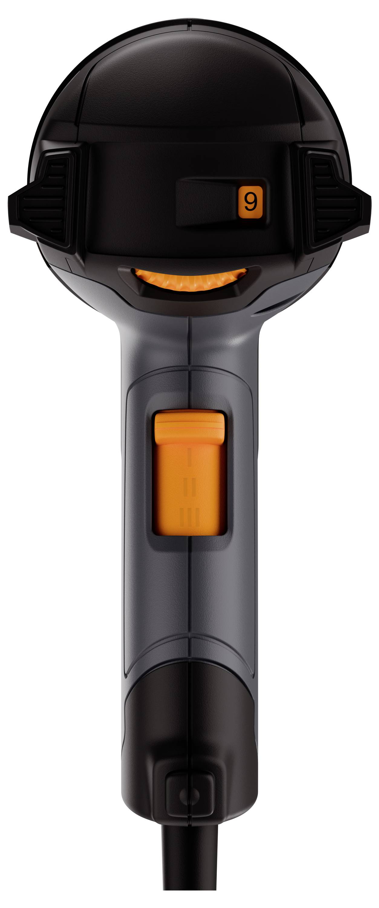 Ein Handgerät mit schwarzem und grauem Gehäuse und orangefarbener Taste; wahrscheinlich ein elektronisches Werkzeug oder Scanner.