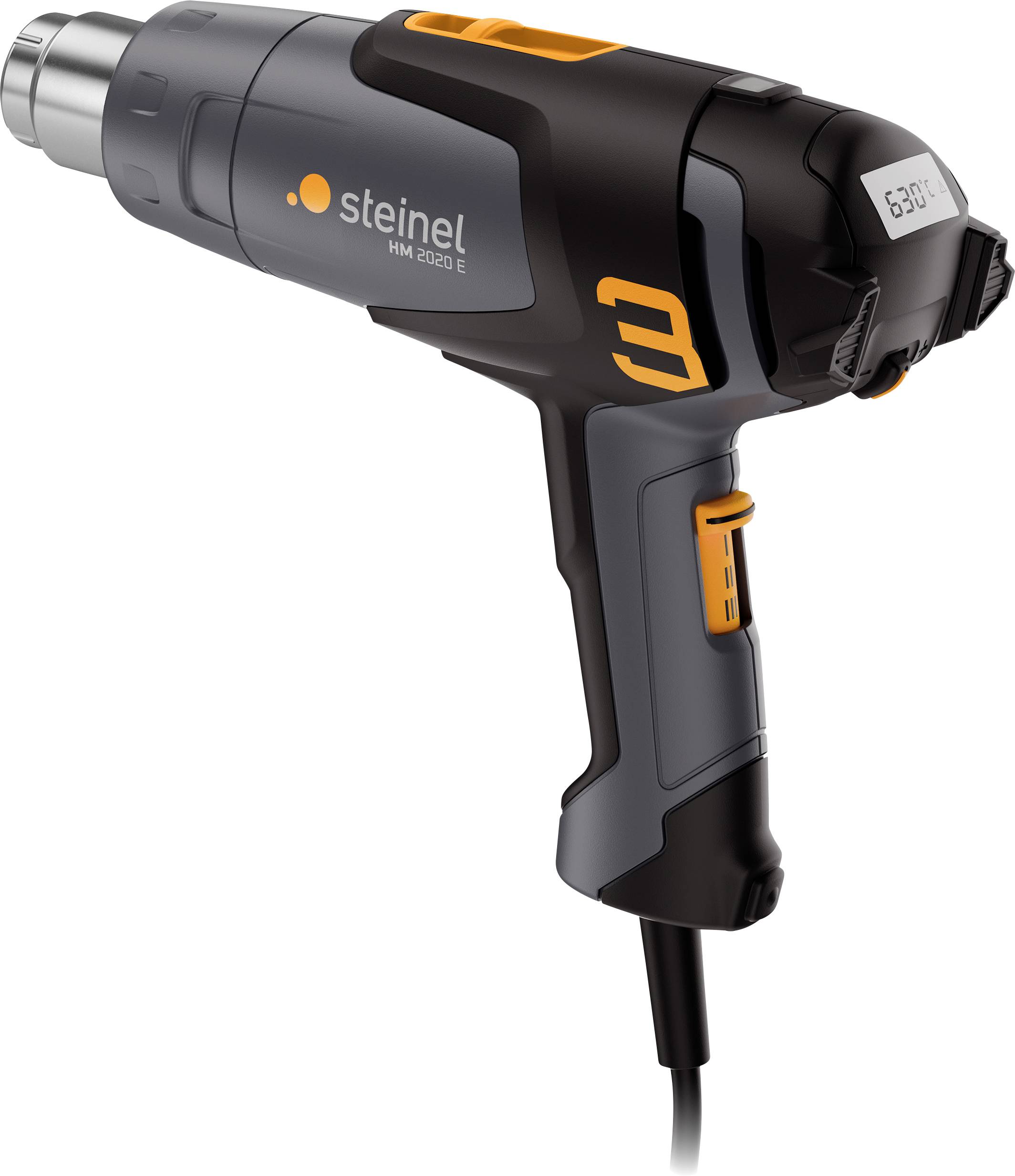 Schwarz-orange Steinel HM 2020 E Heißluftgebläse mit digitaler Temperaturanzeige und Stromkabel auf weißem Hintergrund.