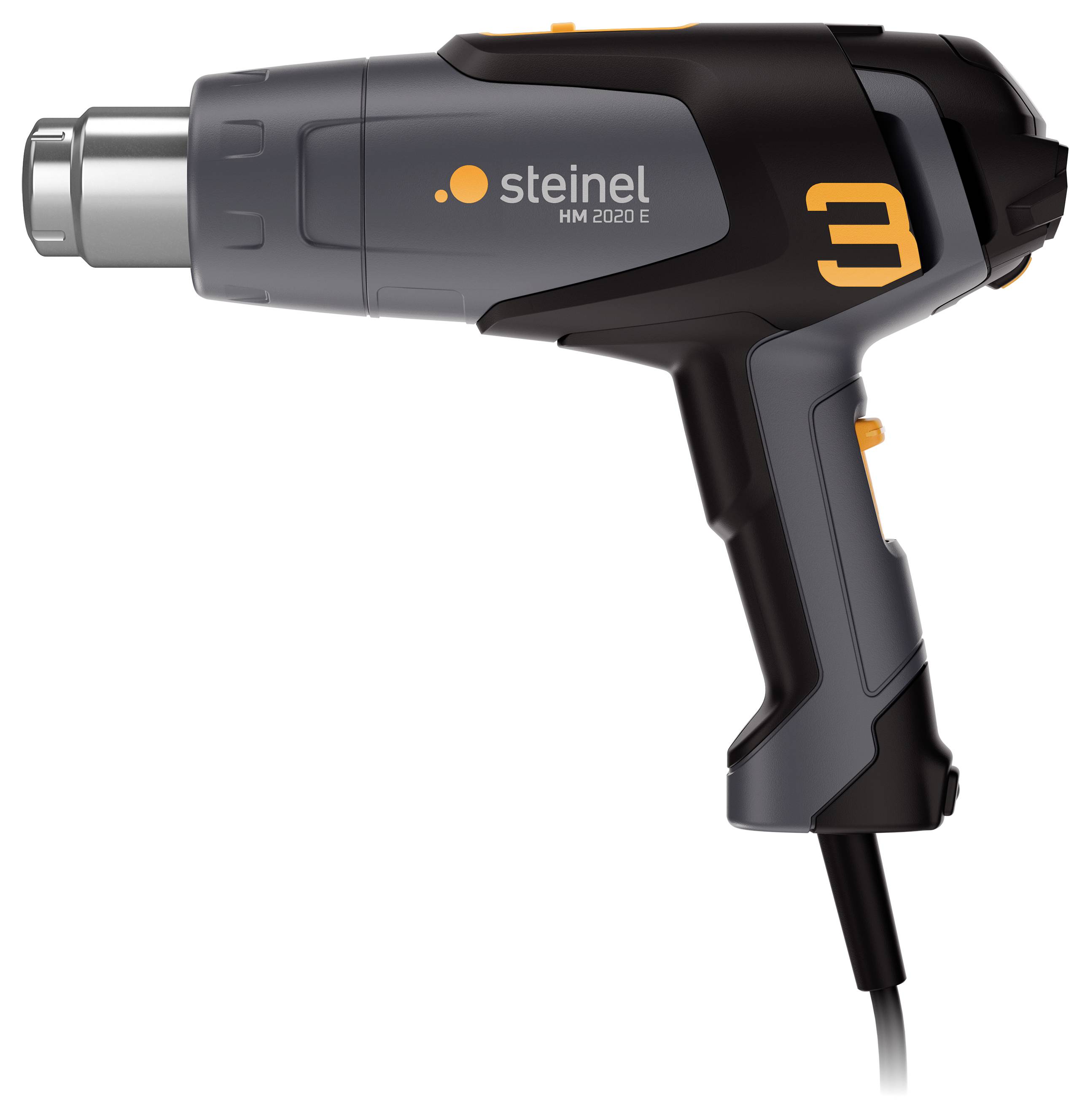 Ein schwarzer Heißluftföhn der Marke Steinel, Modell HM 2020 E, mit orangenen Akzenten, geeignet für Handwerksarbeiten.