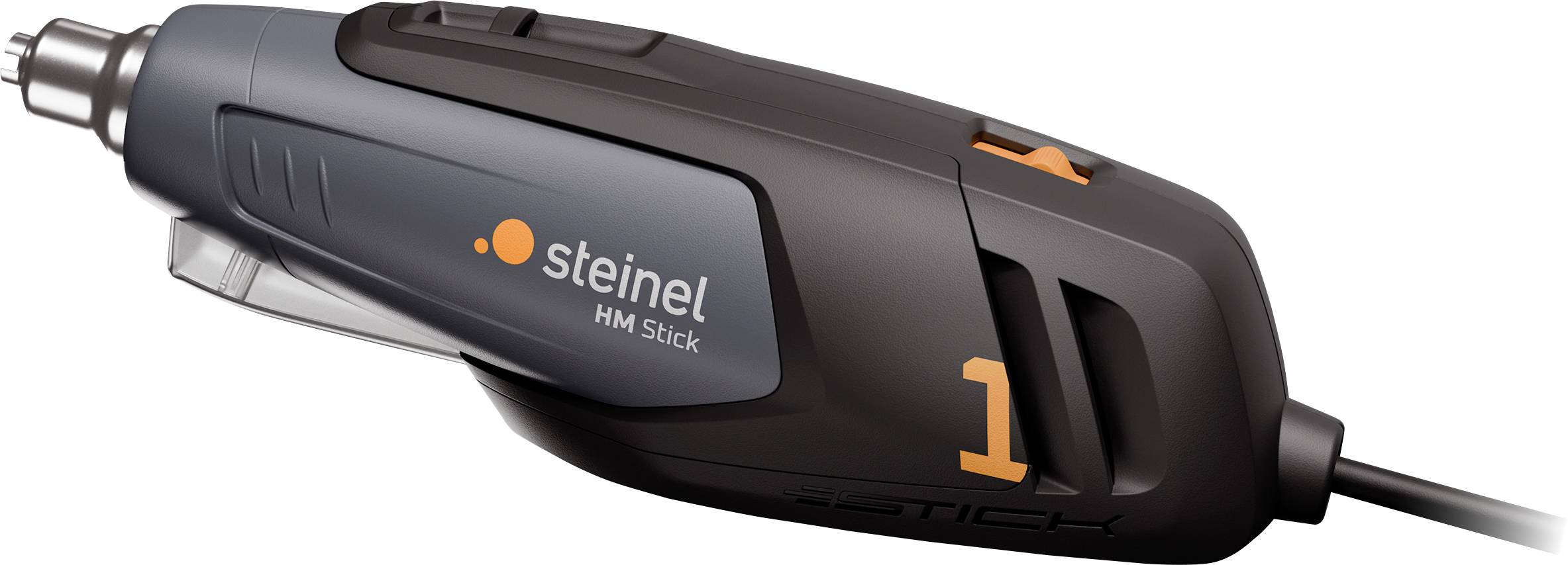 Ein schwarzer Heißluftfön der Marke Steinel, Modell 'HM Stick'. Das Gerät hat orange Akzente und wird über ein Kabel mit Strom versorgt.