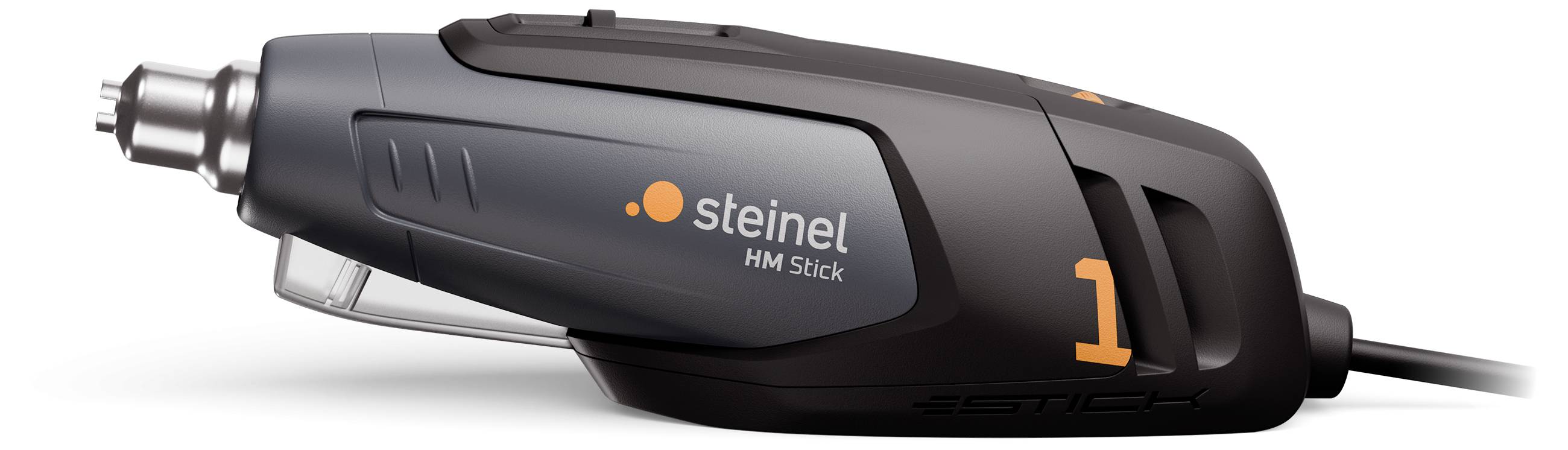 Heißluftgebläse mit der Aufschrift 'steinel HM Stick'. Schwarzes Design mit orangen Details, geeignet für präzise Handarbeiten.